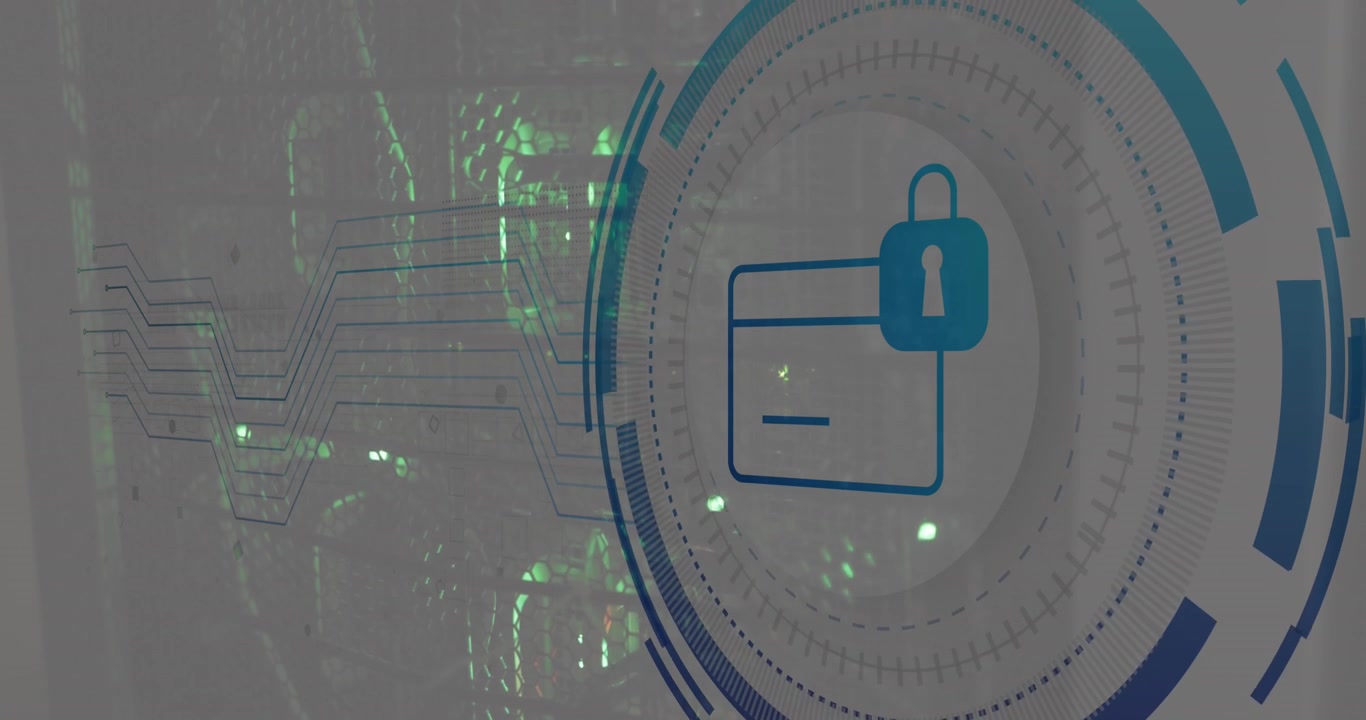 Animation of padlock and card icon in circle over data server systems