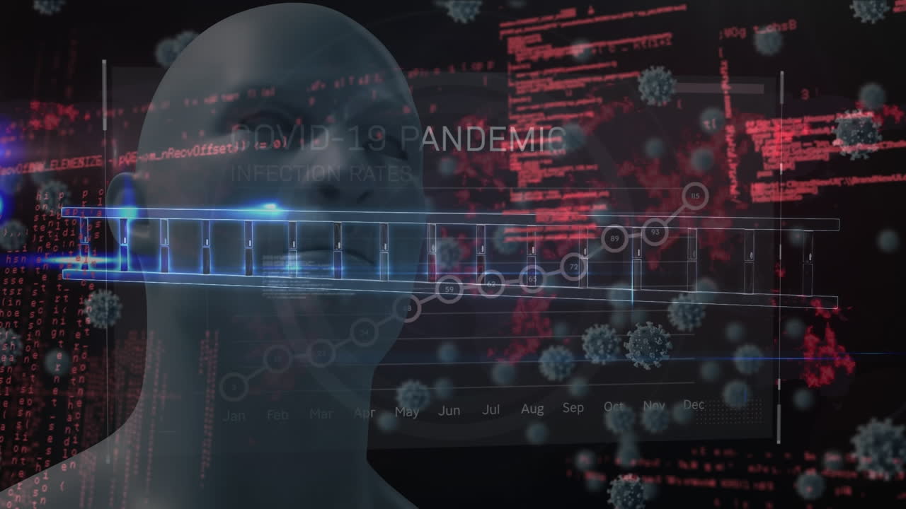 코로나19 세포와 데이터 처리는 파란색 배경에 대한 인간 얼굴 모델을 통해