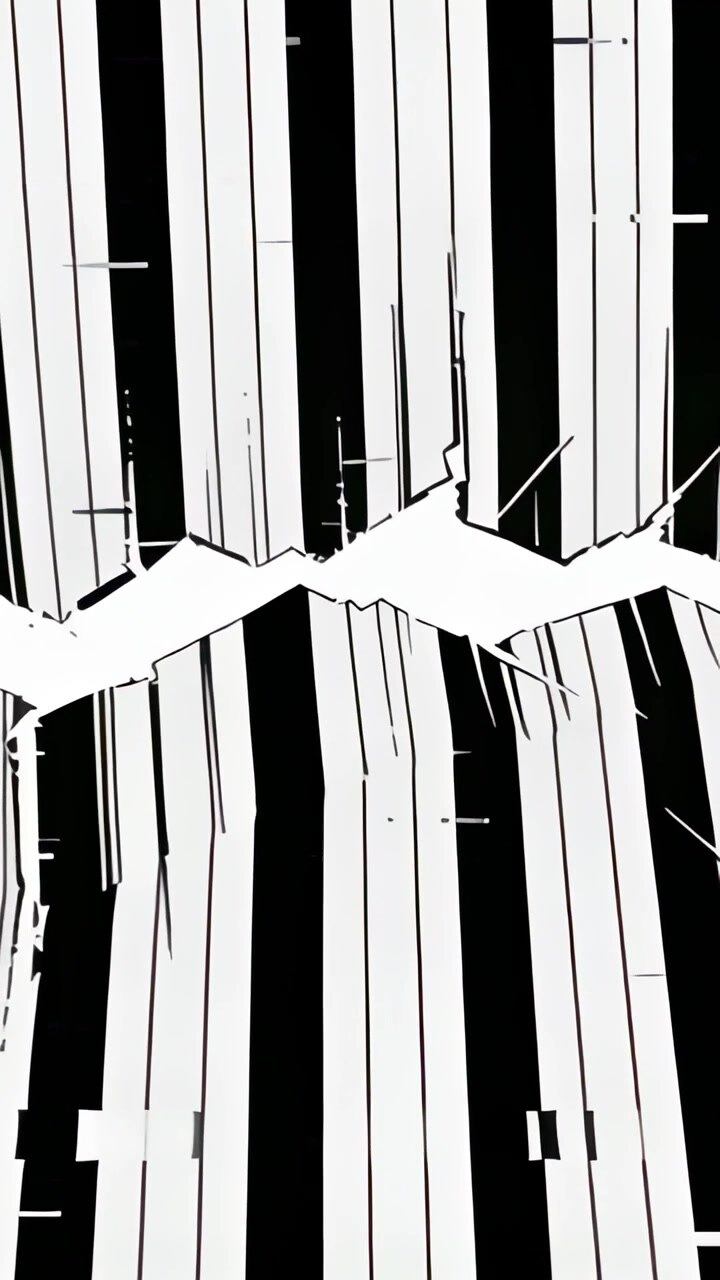 Vertical video: Forming jagged split, striped panel tearing, shifting in close-up, creating glitch