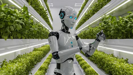 a futuristic robot tending to lush greenery in a high-tech indoor farm, showcasing the intersection of technology and agriculture in a sustainable future