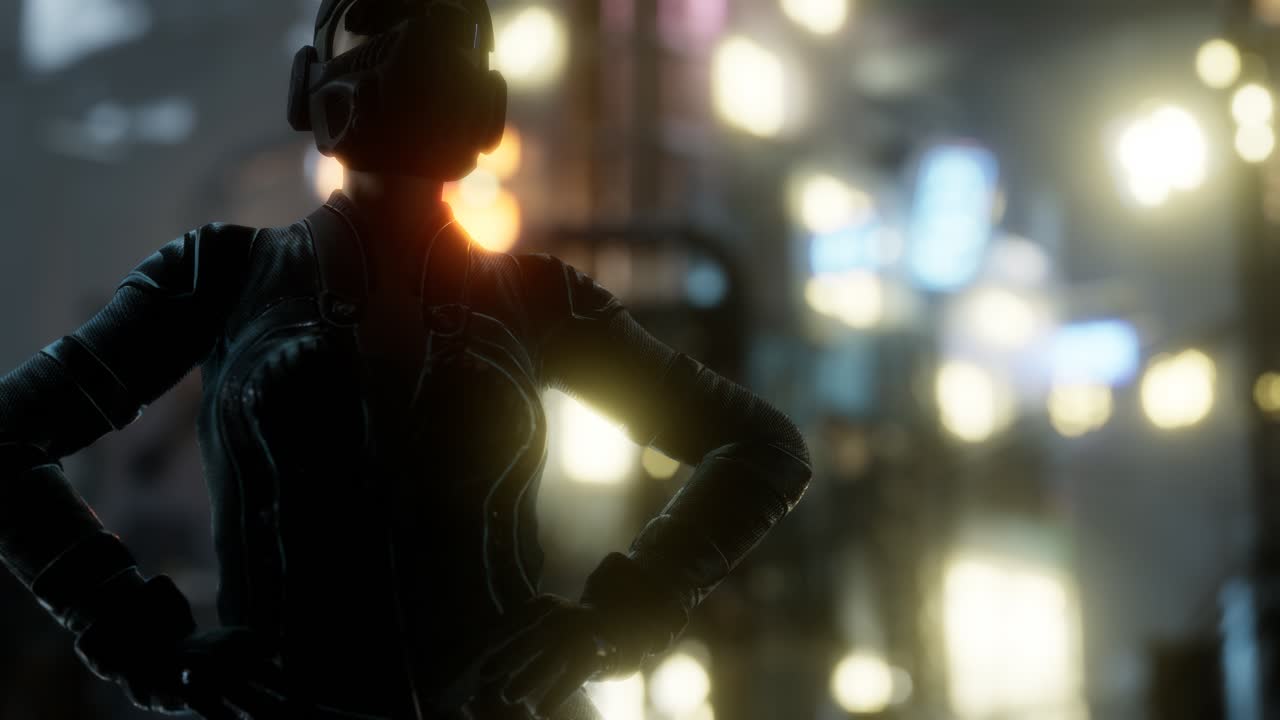 Giovane donna futuristica in stile cyberpunk con luci bokeh al neon