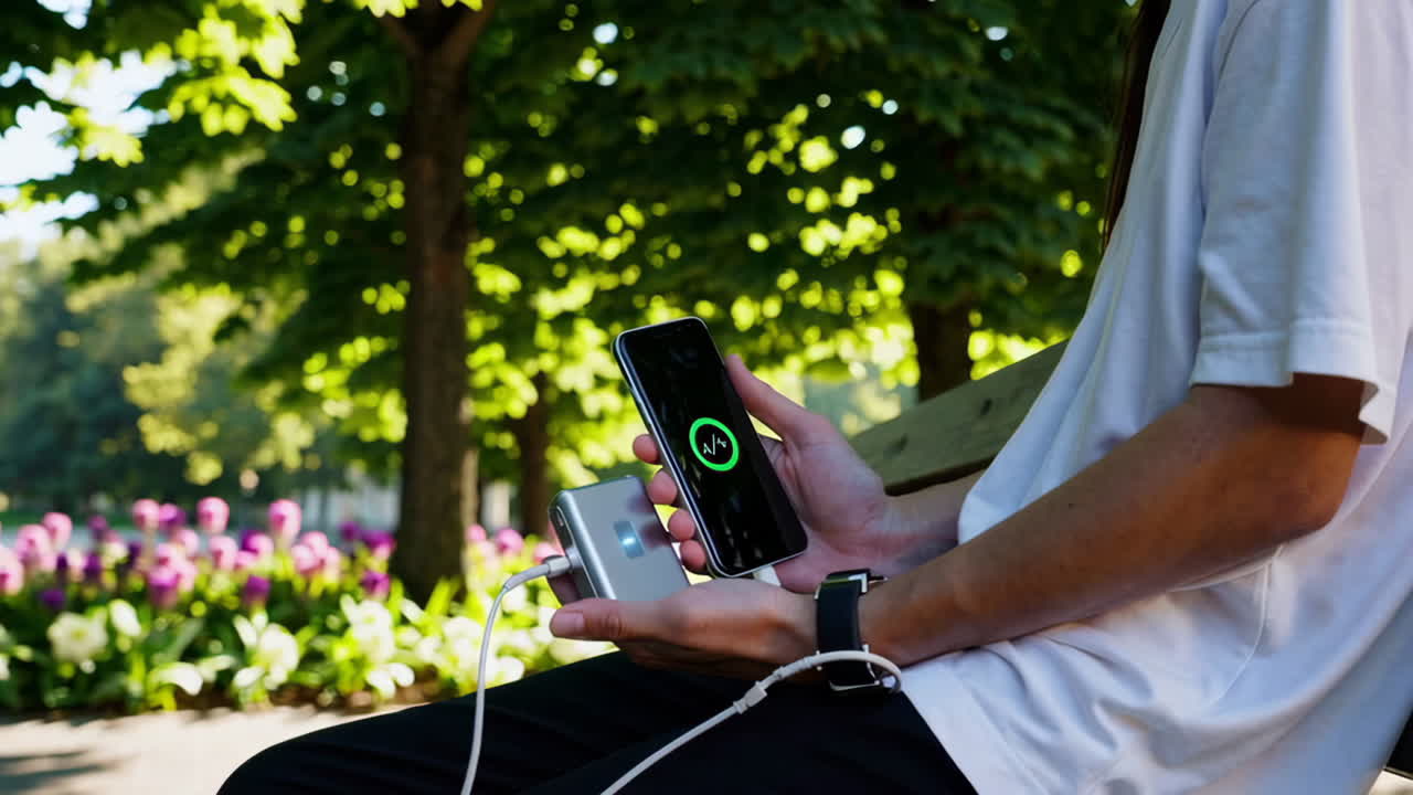 Person Charging Phone in a Park