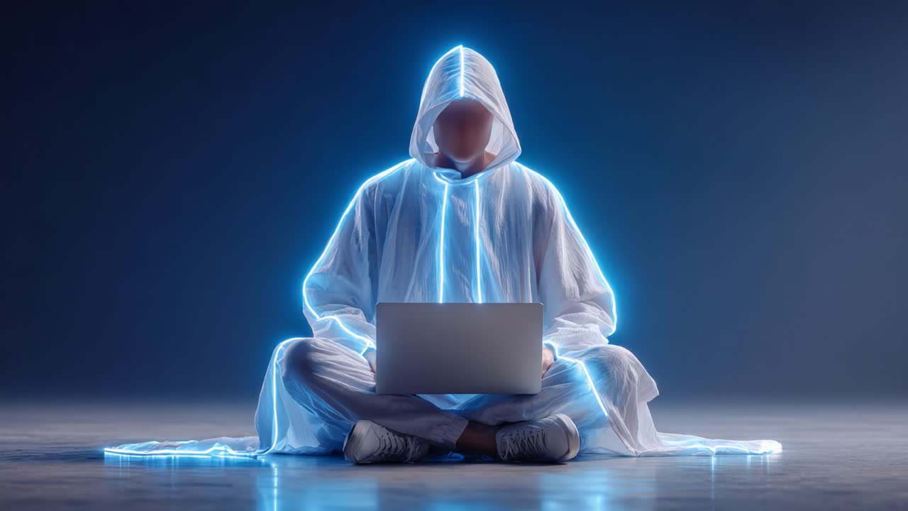 A mysterious figure in a glowing white outfit sits cross-legged, engaging with a laptop, enveloped in a captivating ethereal aura against a dark backdrop