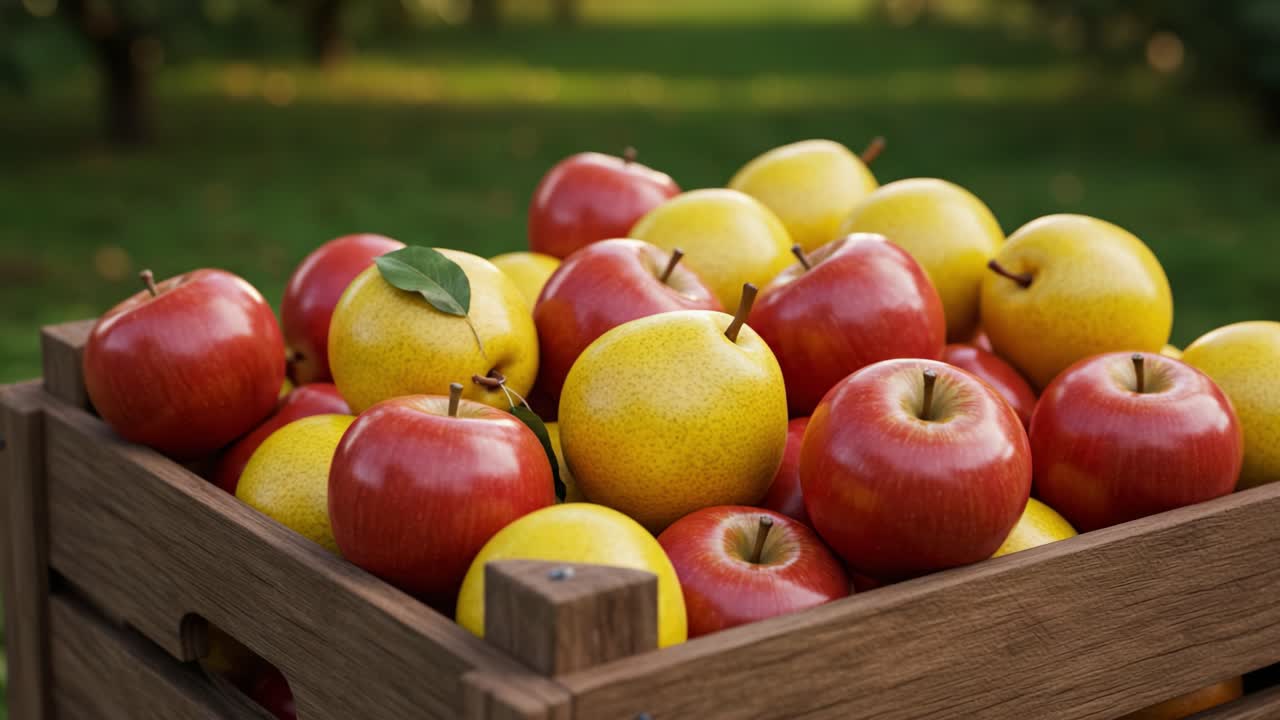 A Vibrant Selection of Freshly Picked Apples Showcasing a Colorful Array of Red and Yellow Varieties in a Wooden Crate Surrounded by Lush Greenery