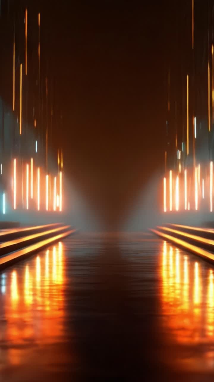 Un sentiero mozzafiato illuminato da luci vibranti che conduce in un ambiente misterioso e nebbioso - Un invito all'esplorazione e alla scoperta.