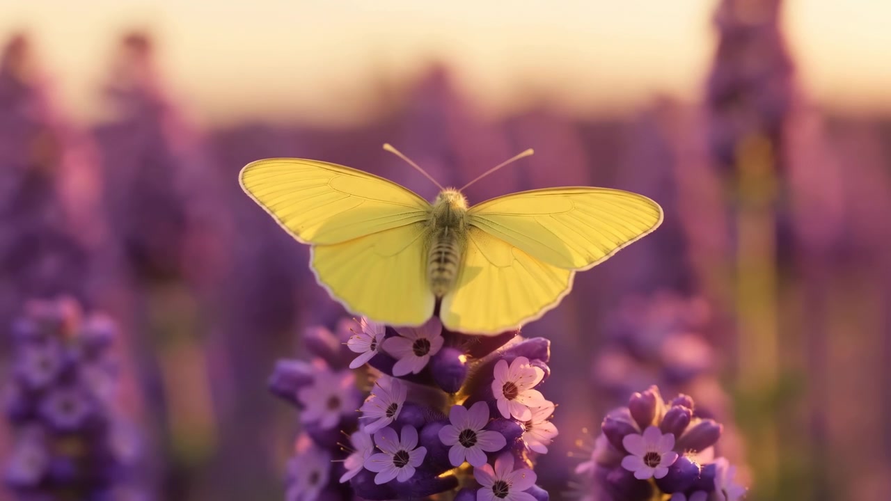 Una farfalla gialla si posa su fiori viola in fiore in una dolce scena di prato, illuminata dalla calda luce del tramonto con uno sfondo naturale sfocato