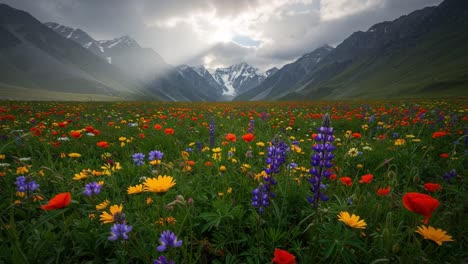 vibrant field of wildflowers under dramatic skies surrounded by majestic mountains showcases nature's beauty in a serene landscape