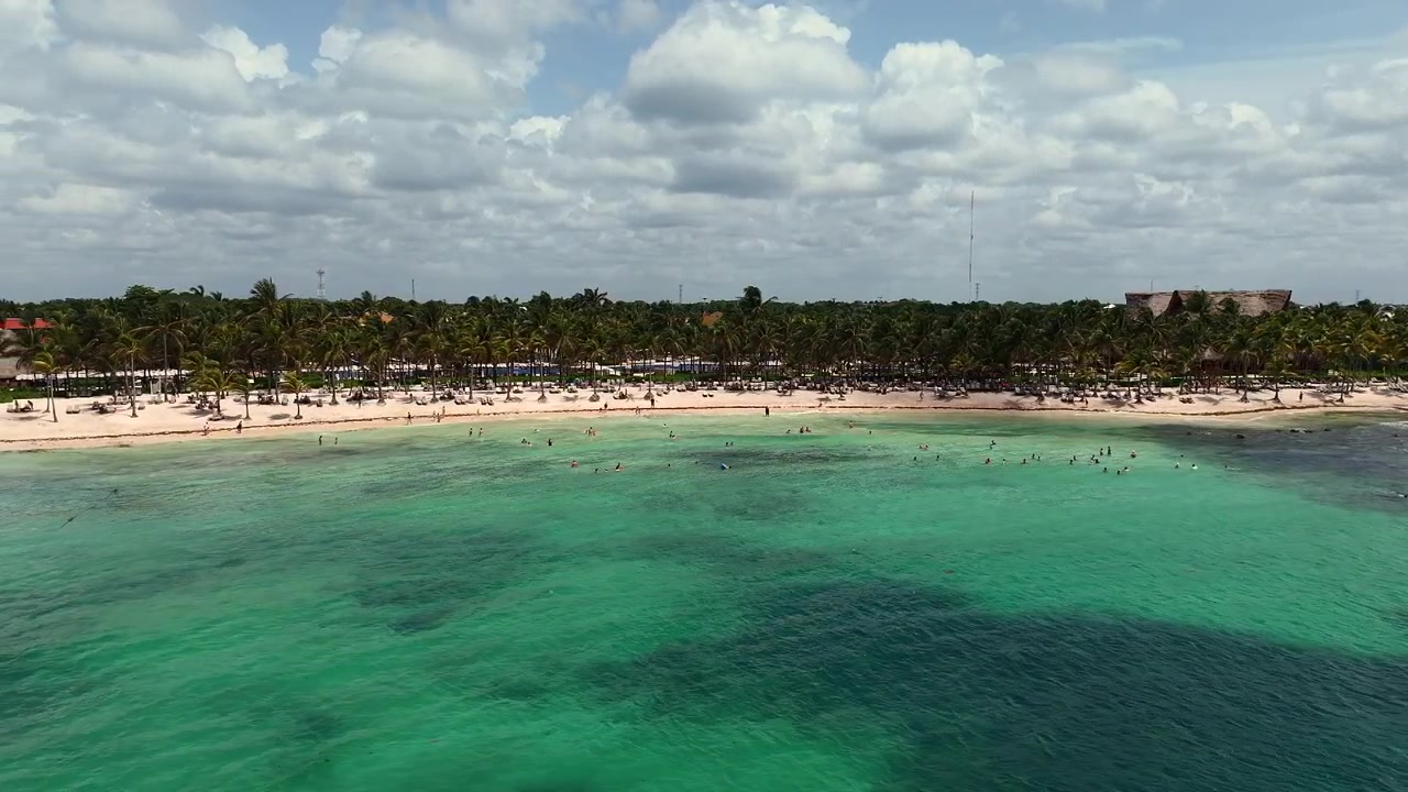 Toma aérea de playa de arena, gente bañándose en el hermoso Mar Caribe y palmeras en Playa del Carmen, Cancún, México.