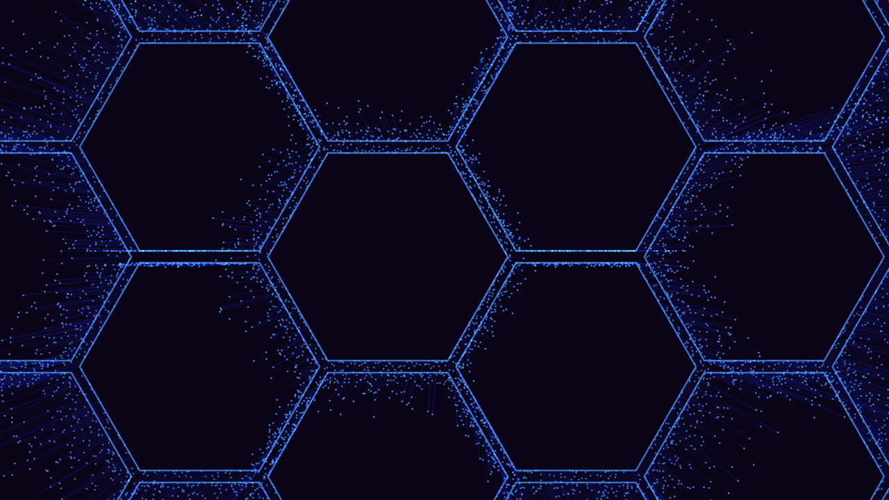 gran patrón de hexágonos de neón con pequeños puntos y líneas de movimiento