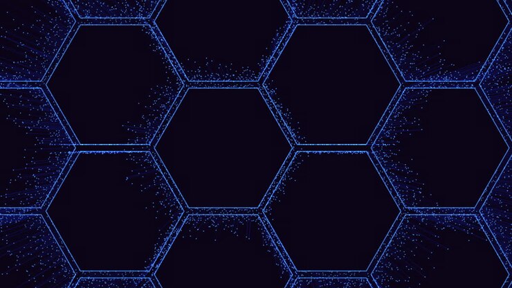 Großes Neon-Hexagon-Muster mit kleinen Bewegungspunkten und Linien