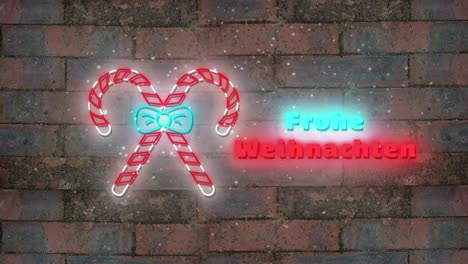 Animation-of-neon-christmas-seasons-greetings-in-german-and-decorations-over-brick-wall