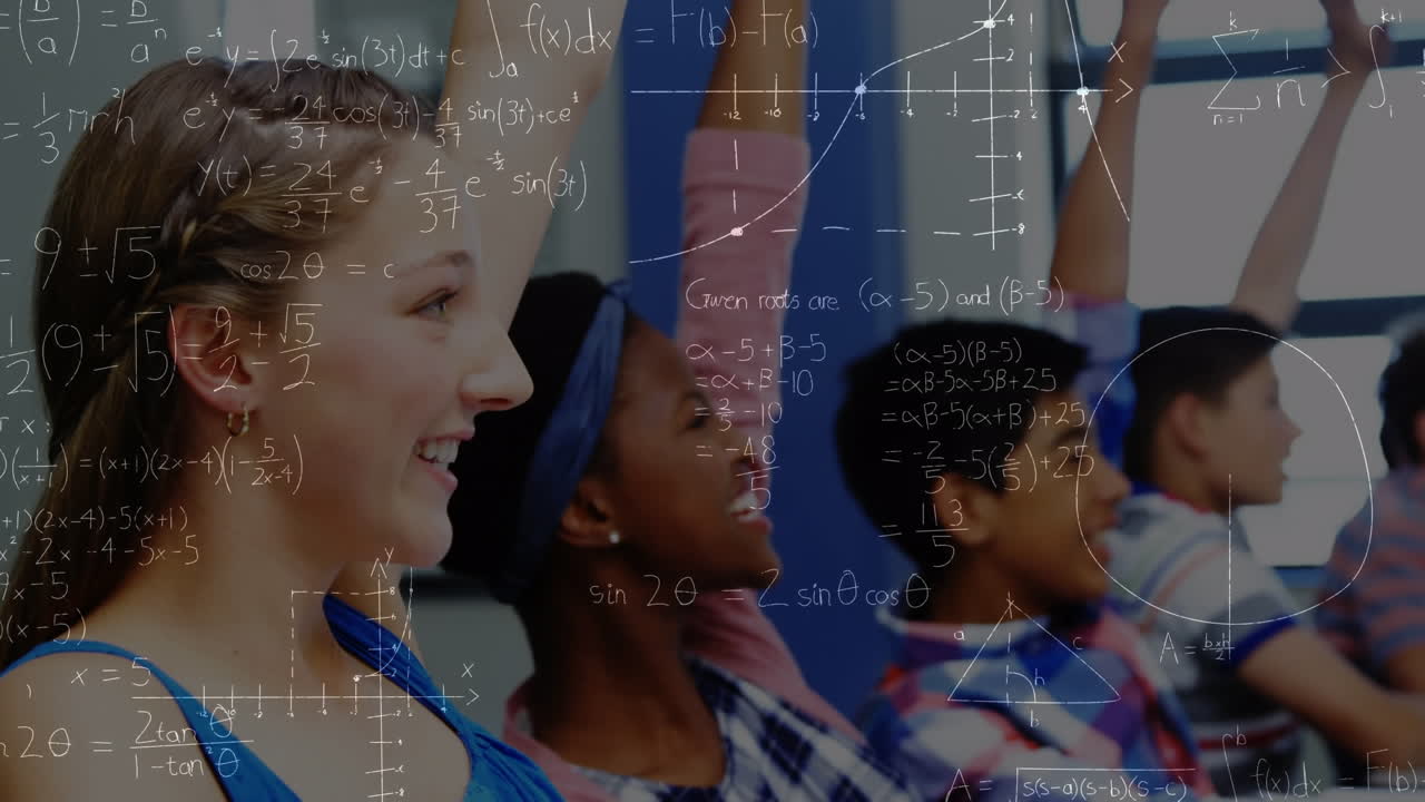 Animation of mathematical equations over schoolchildren in classroom