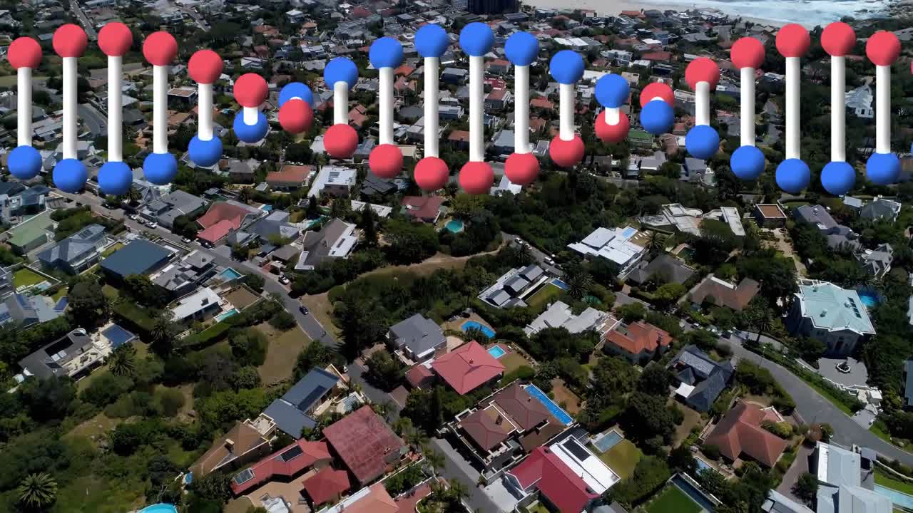 현대 도시 풍경 의 공중 전망 위 에서 움직이는 회전 하는 dna 가닥 의 애니메이션