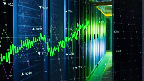 animación del procesamiento de datos contra la sala de servidores de computadoras