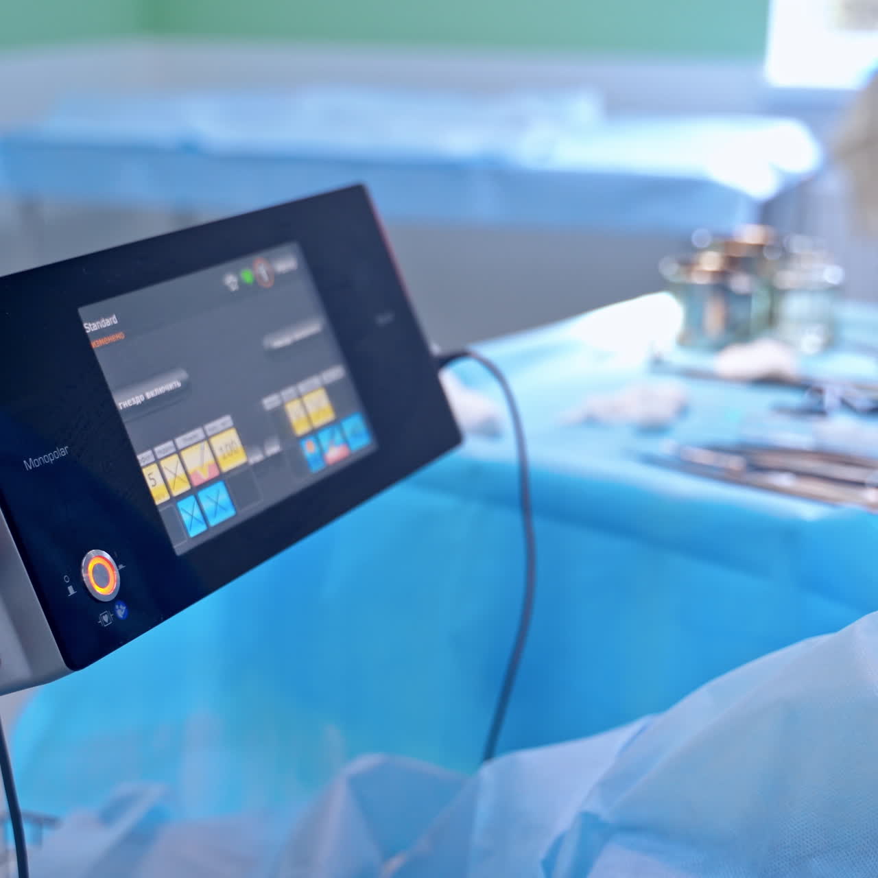 Medical equipment in surgery room. Electronic equipment on the background of medical instruments. Close-up. New technologies in medicine.