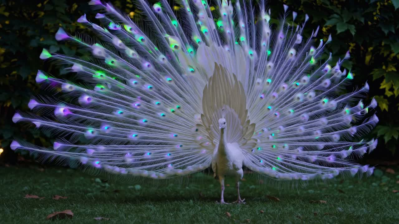 White Peacock with Glowing Feathers in a Garden