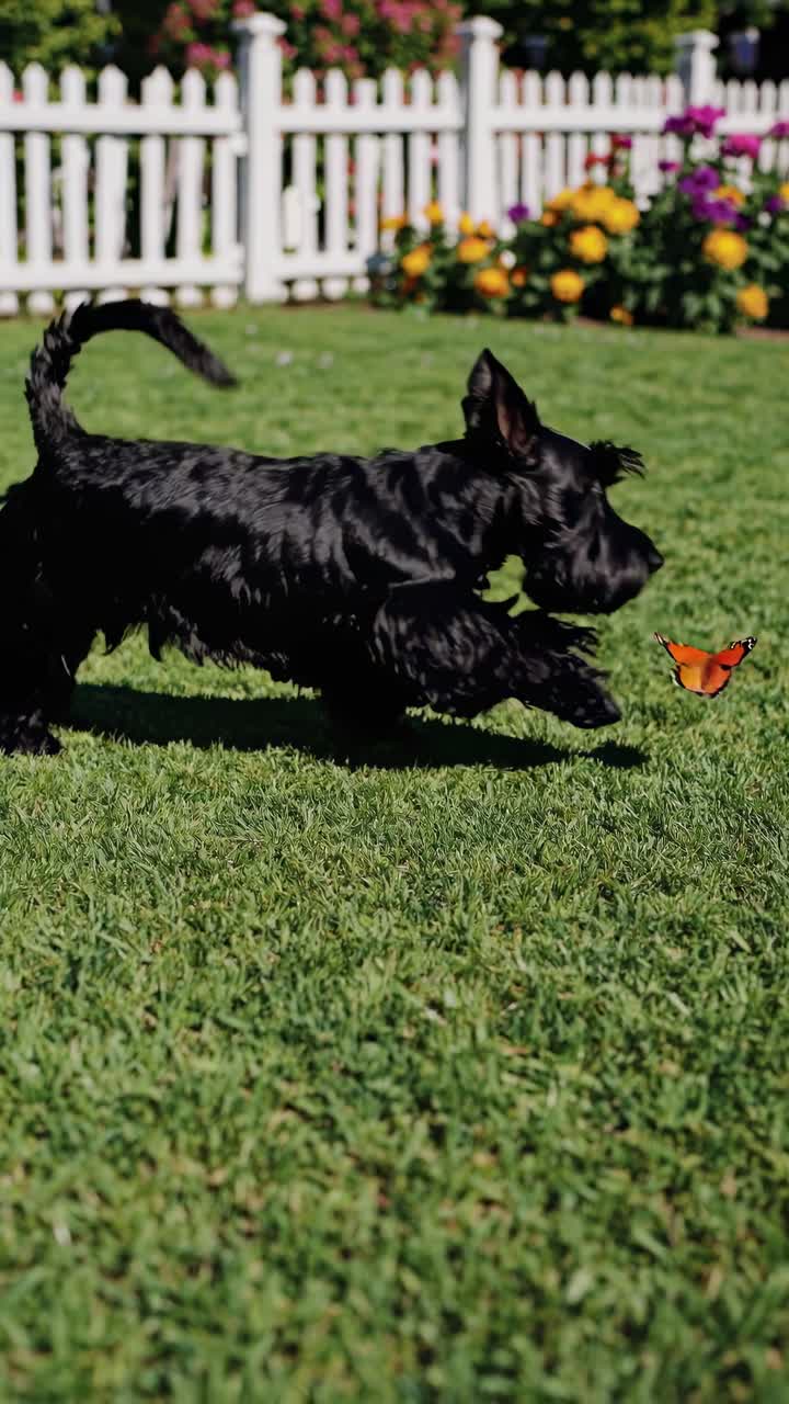 Fermo Immagine da Angolazione Bassa di uno Scottish Terrier Nero su Erba Verde, con uno Steccato Bianco