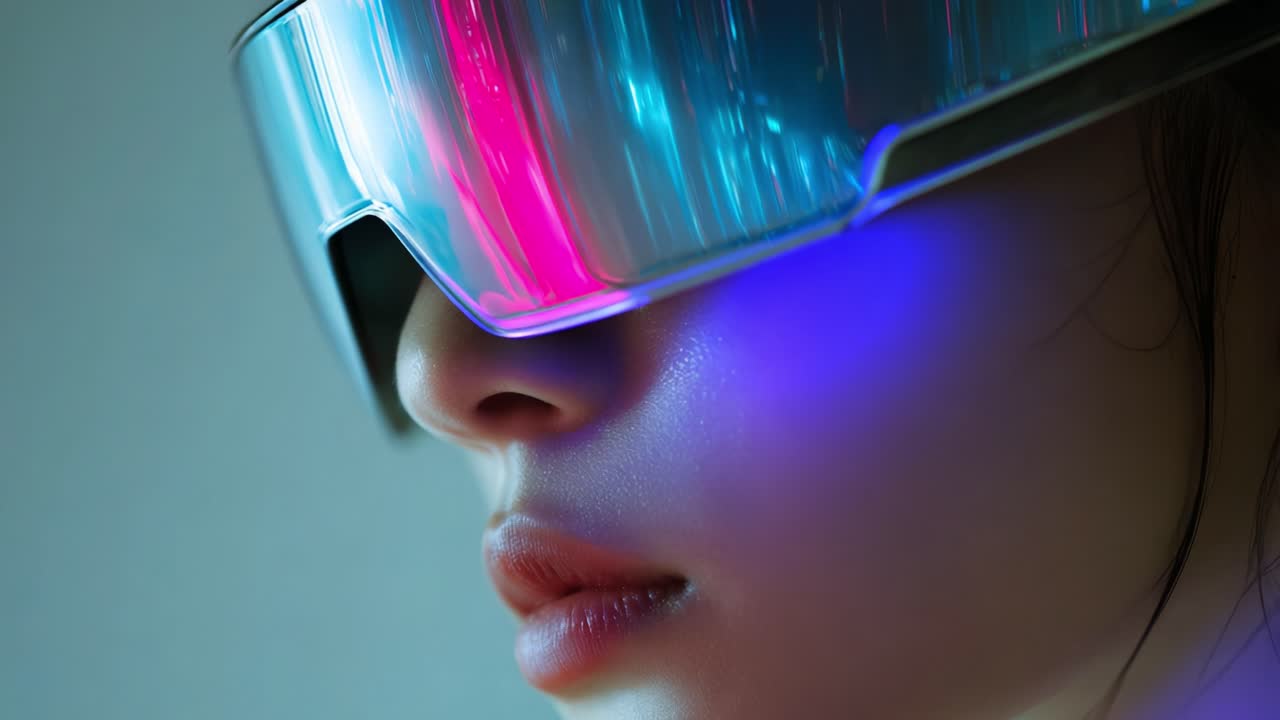 A close-up view of a person wearing futuristic, reflective, and vibrant goggles that feature a blend of pink and blue lights, capturing the essence of modern technology and digital aesthetics