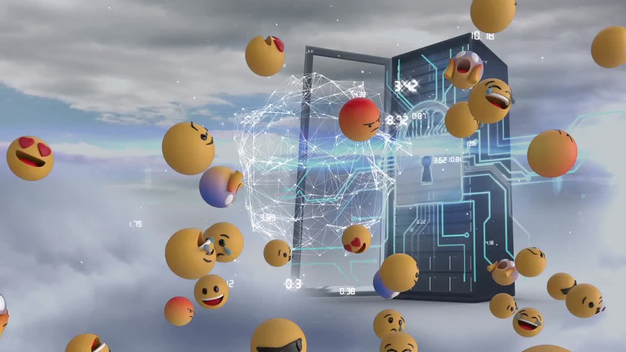 하늘의 구름에 맞춰 컴퓨터 서버에 있는 보안 잠금 아이콘 위에 떠다니는 여러 얼굴 이모티콘