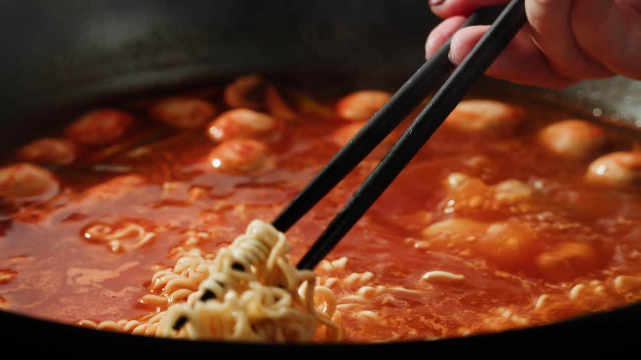 comiendo sopa de ramen instantánea con palillos