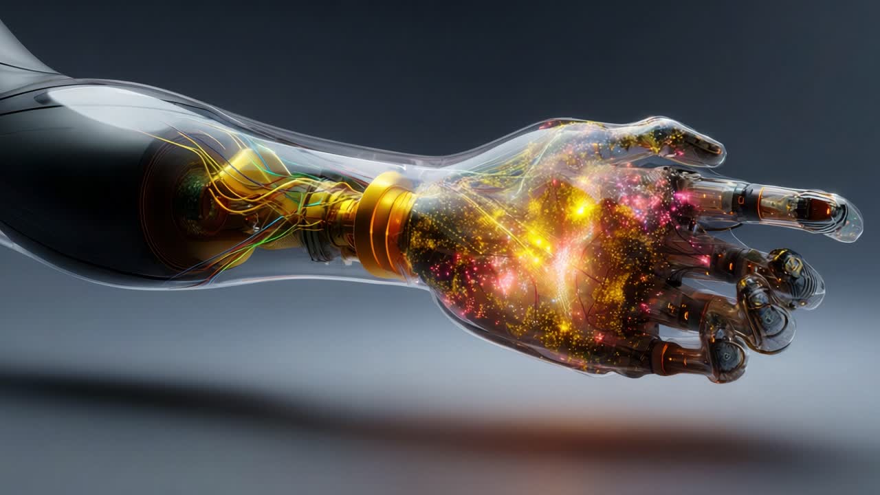 A close-up view of an advanced robotic arm illuminated with vibrant colors and intricate circuitry, showcasing a glimpse into the future of technology and artificial intelligence