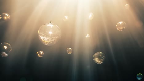 light beams shine through rising bubbles against a black background, creating a mesmerizing and abstract underwater scene