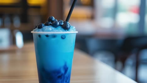 blueberry bubble tea in a plastic cup