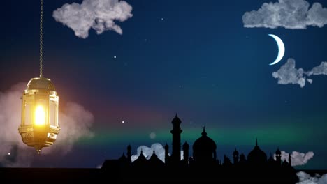 4k eid mubarak diseño islámico colgando linterna de vela de ramadán y mezquita, animación de fondo abstracta. eid muborak concepto de diseño islámico con ramadán. celebración religiosa de la fiesta musulmana asiática