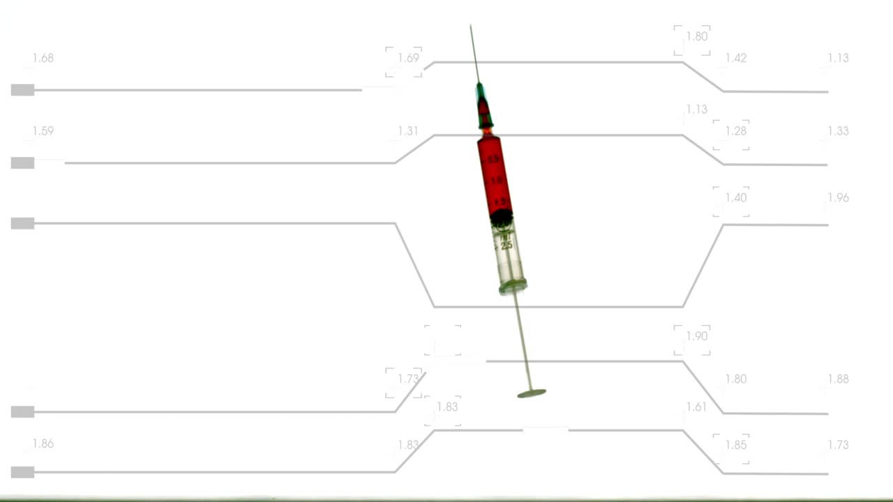 Red syringe entering upper-right, rotating toward center, needle swinging down to mark hexagon