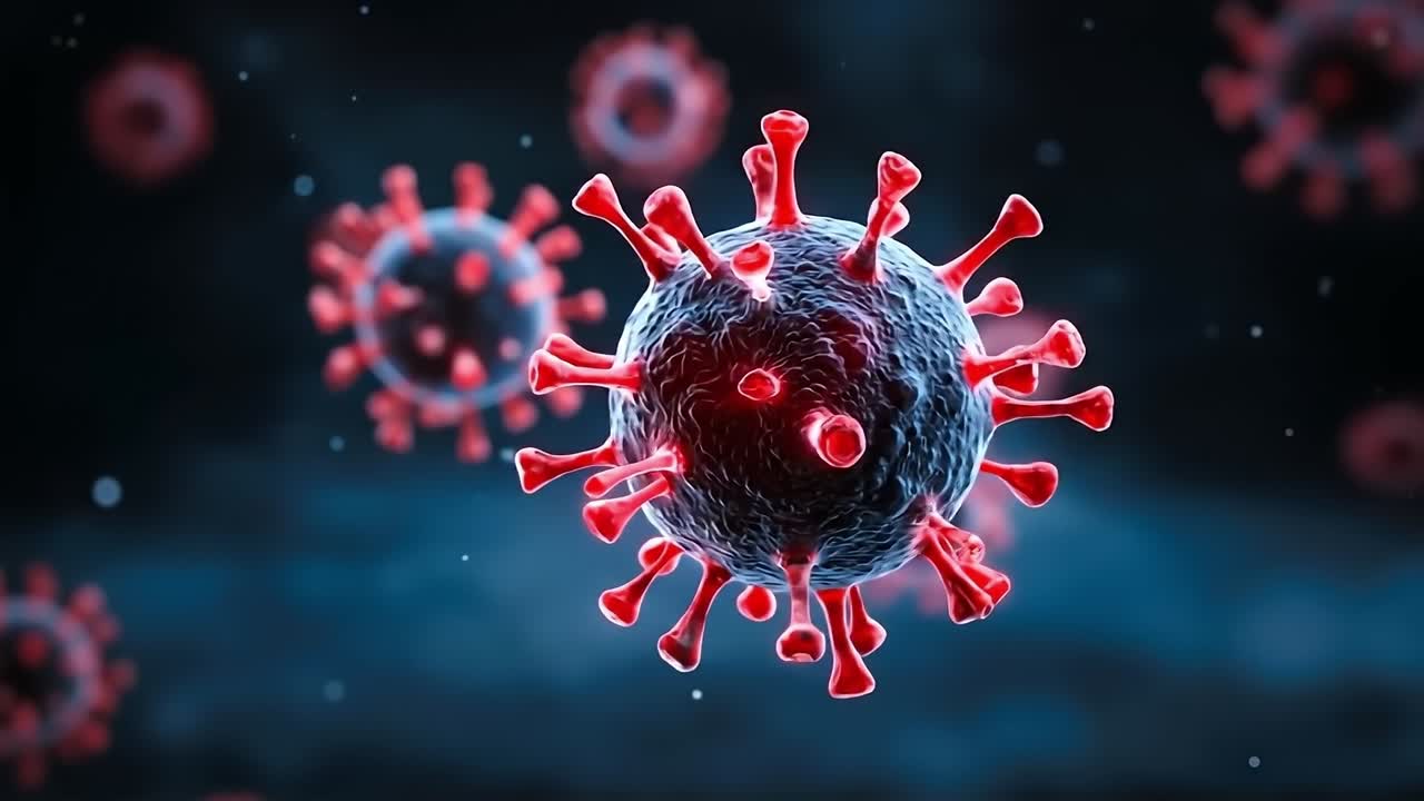 Un coronavirus rosso e nero al centro di uno sfondo nero