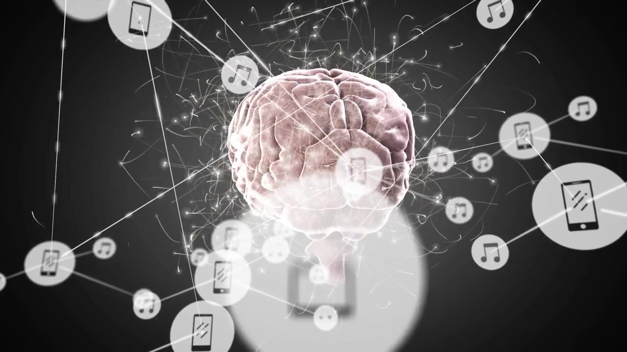 Digital Brain Connected to Mobile Technology and Music Icons