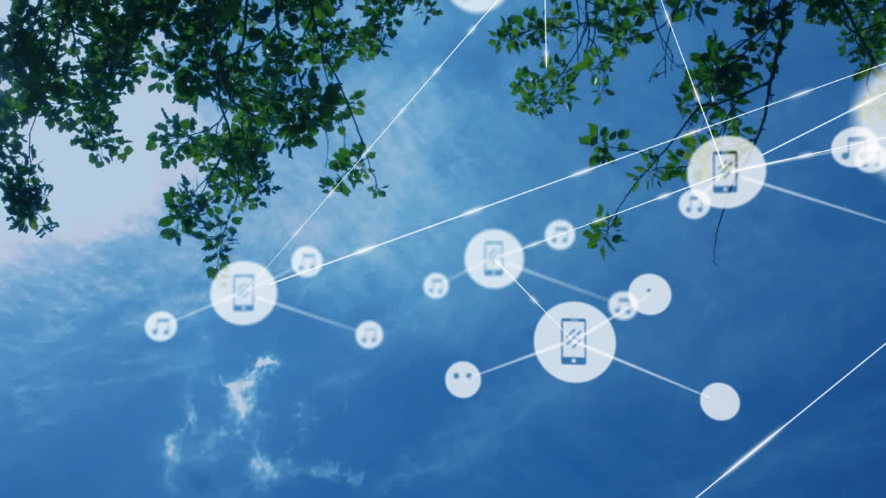 Digital communication icons animation over blue sky with tree branches