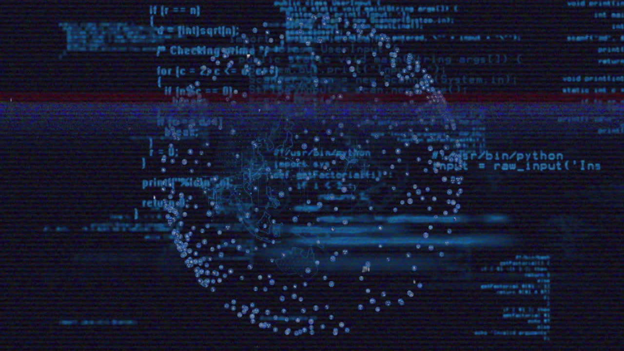 Digital globe with data points and coding animation over dark background