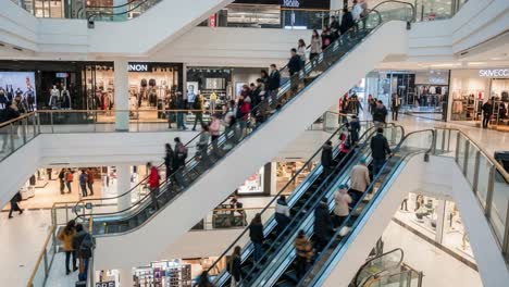 people moving on escalators in a busy shopping mall