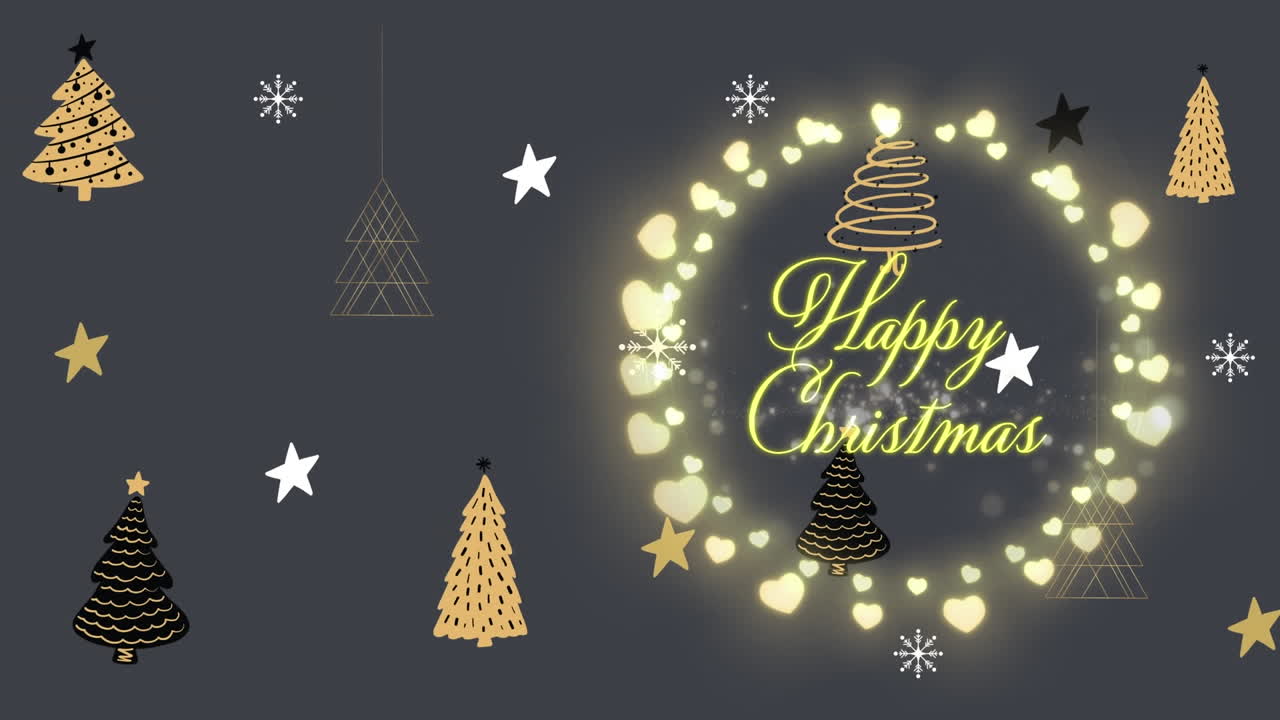 크리스마스 트리 배경 위의 요정 조명 프레임에서 크리스마스 인사 의 애니메이션