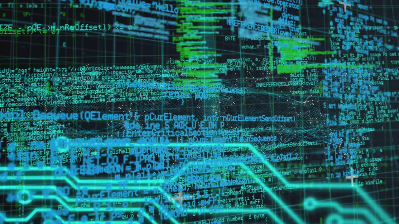 Animation of data processing and neon lines on black background