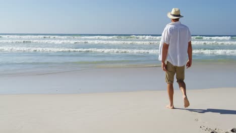 mann mit hut geht an einem sonnigen tag am strand 4k