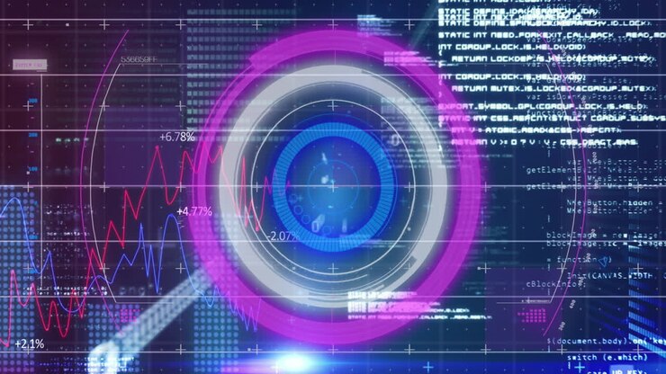 Digital animation of neon round scanner and data processing against financial data processing