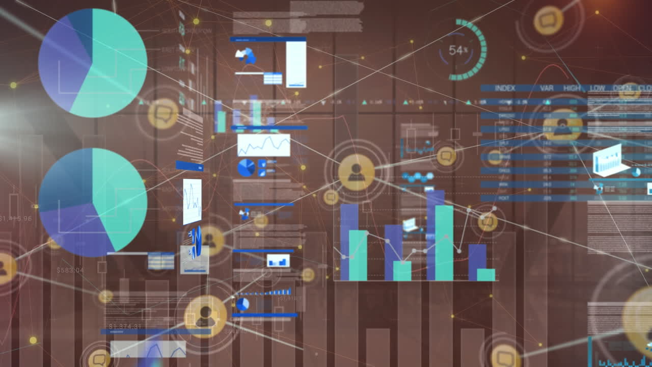 도시 풍경 위의 금융 데이터 처리 애니메이션