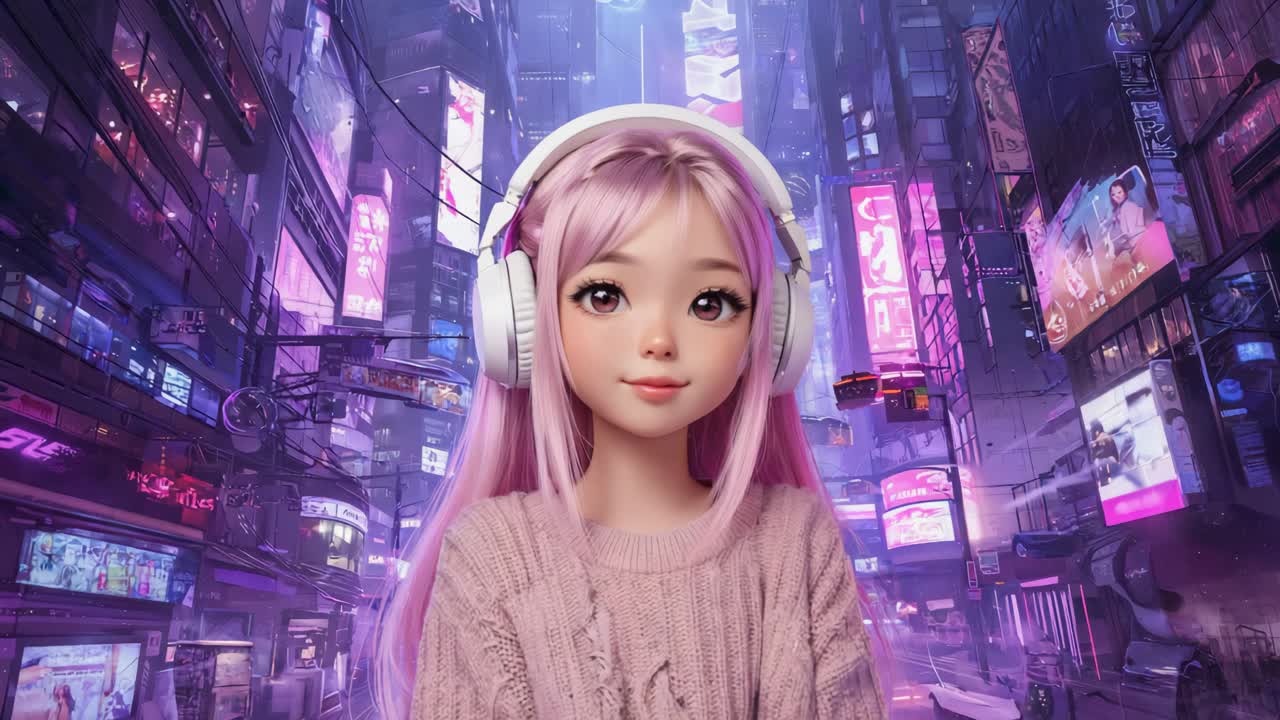 Anime Girl in Cyberpunk City with Headphones
