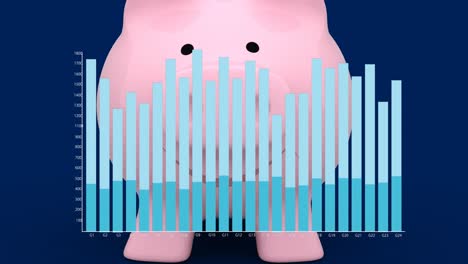 animation of piggy bank over financial graphs on navy background