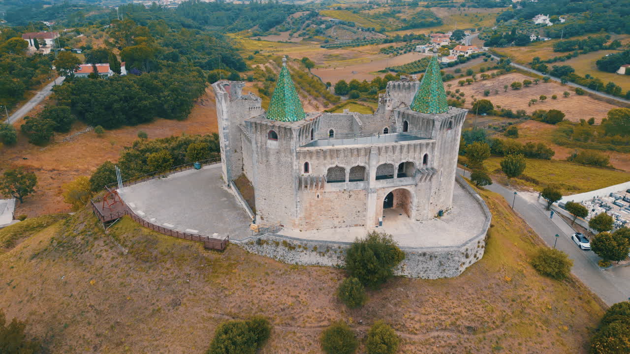 Aerial view of the Castle of Porto de Mos, a medieval castle located in the municipality of Porto de Mos, Portugal