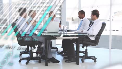 statistical data processing over diverse businesspeople discussing in meeting room at office