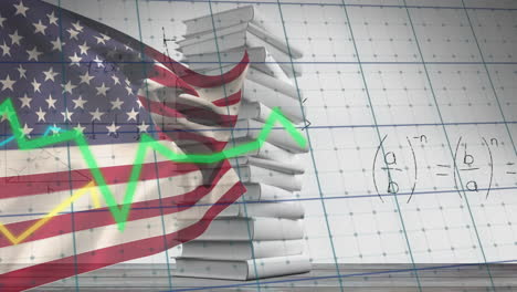 animation of flag of america over line graphs and geometric angles and equations over stacked books