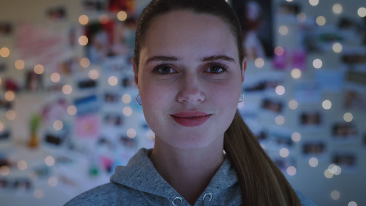 retrato de una hermosa adolescente sonriente, de aspecto feliz, segura de sí misma, adolescente en casa, concepto de autoimagen en 4k