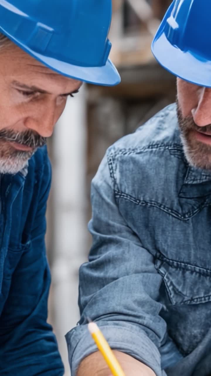 Two Construction Workers Collaborating on a Project, Analyzing Plans and Making Detailed Notes with Great Attention to Detail While Wearing Safety Helmets
