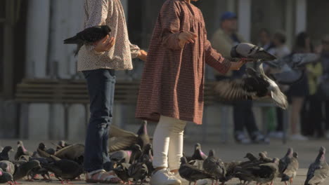 Una-Cámara-Lenta-De-Dos-Mujeres-Dando-De-Comer-A-Las-Palomas-En-Venecia