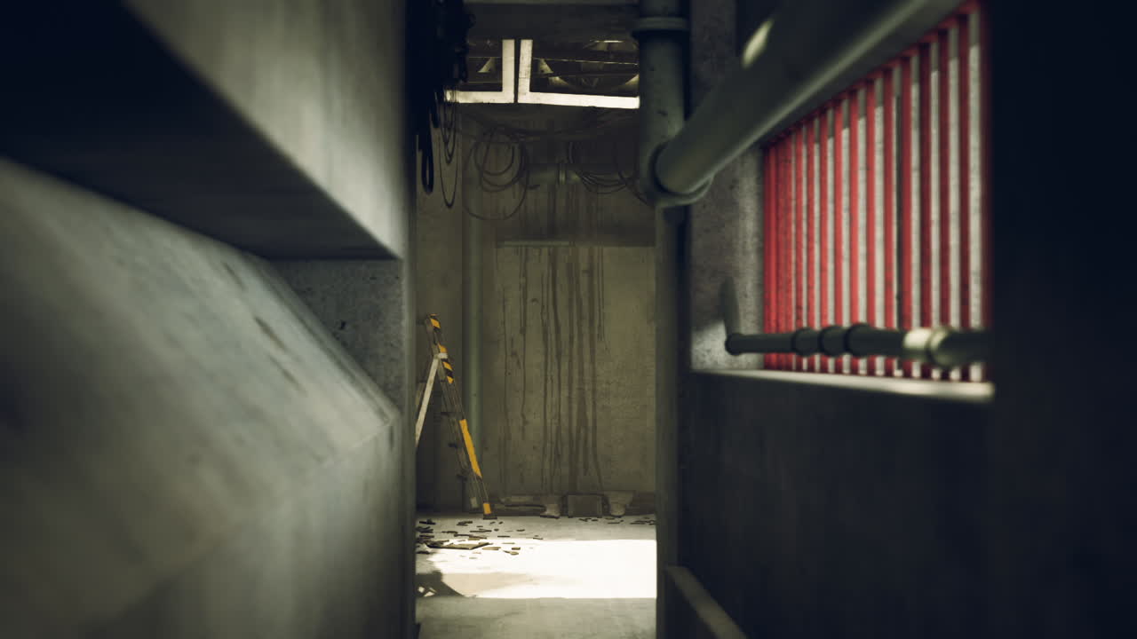 낮에는 콘크리트 벽과 어진 잔해가 있는 어두운 산업 복도