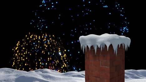 animation of fireworks exploding over snow covered roof and chimney