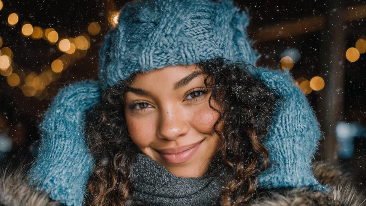 Joyful Young Woman Embracing Winter Wonderland with a Warm Smile and Cozy Hat, Surrounded by Glowing Lights in a Snowy Setting